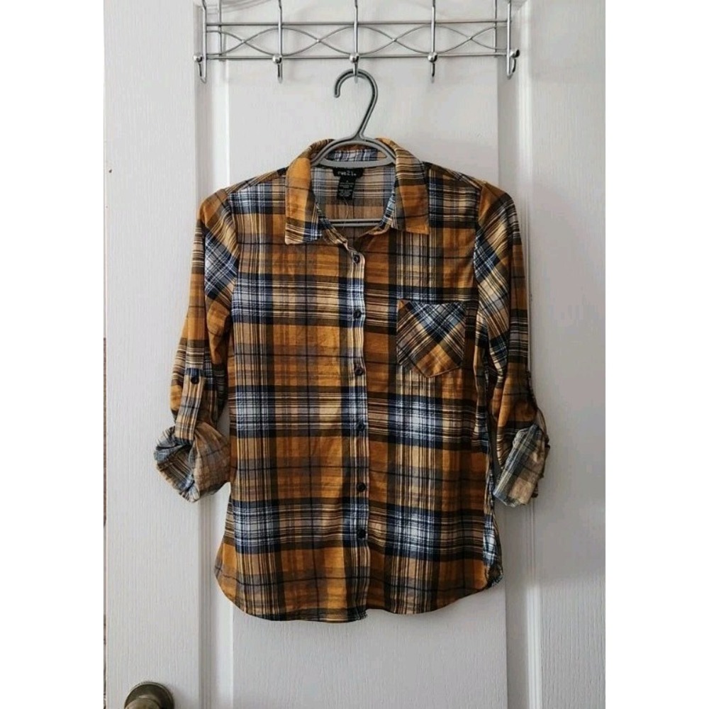 Rue 21 Women's Plaid Shirt Roll Tab Long Sleeve Button Up Size S